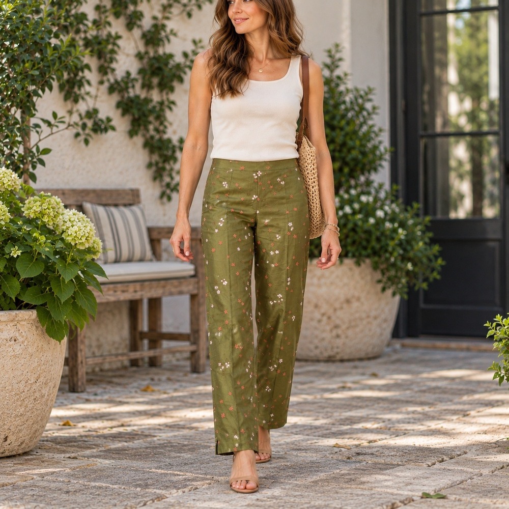 Ann Taylor Petites Pants 100% Silk Embroidered Floral Olive Green Women's 6P